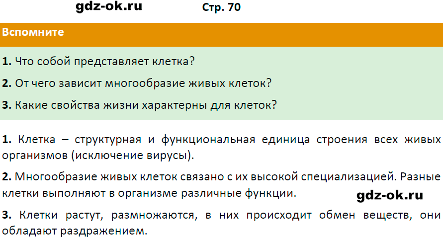 Решение заданий со страницы 70 учебник из ГДЗ по биологии 5 класс Пасечник с ракушкой