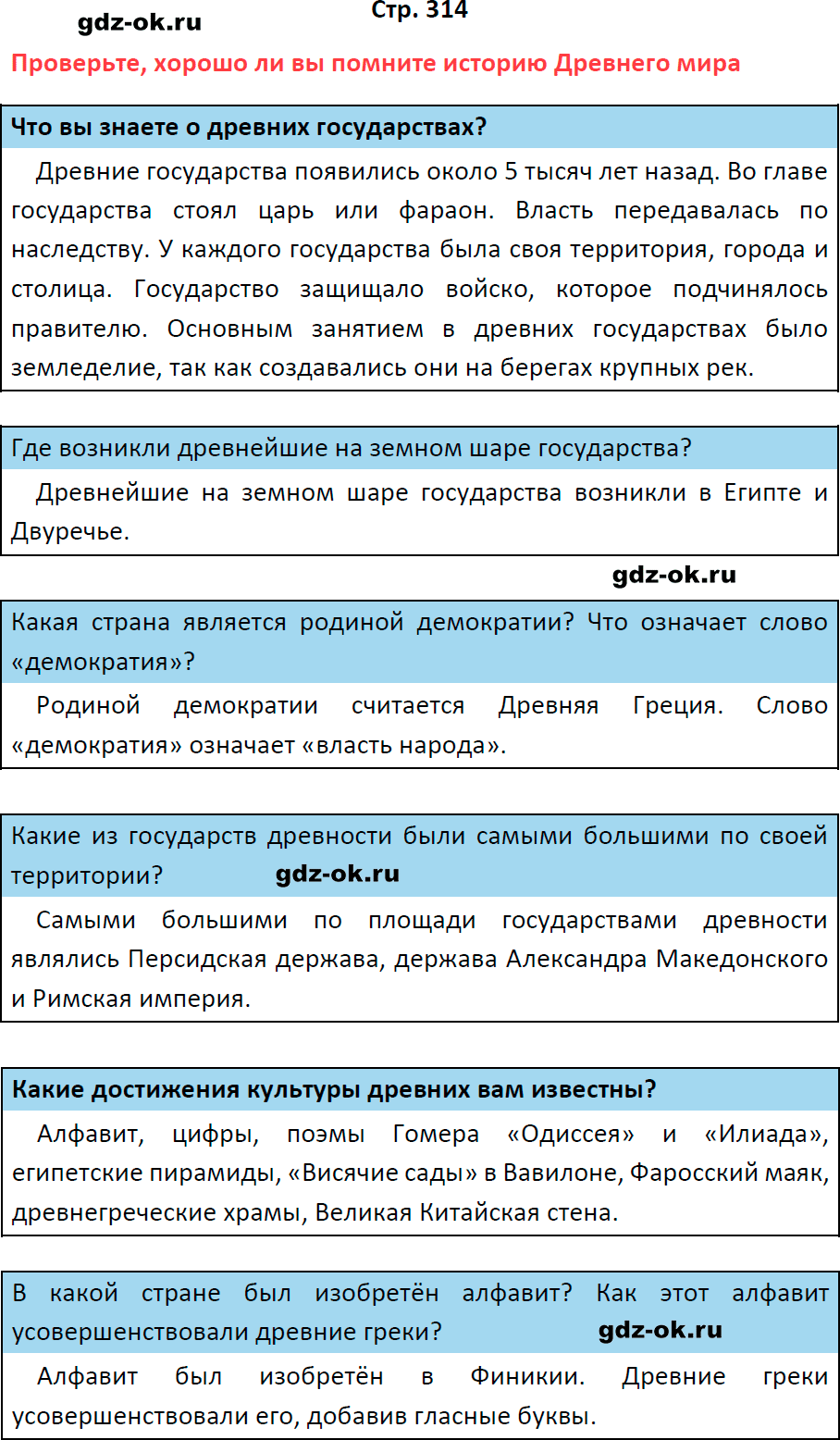Решение заданий со страницы 314 учебник из ГДЗ по истории 5 класс Вигасин, Годер - фрагмент 1