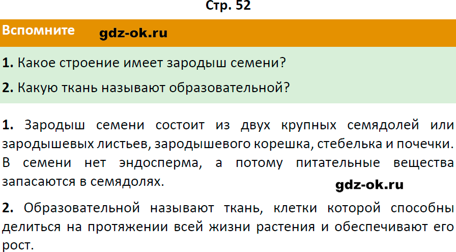 Решение заданий со страницы 52 учебник из ГДЗ по биологии 6 класс Пасечник с ракушкой